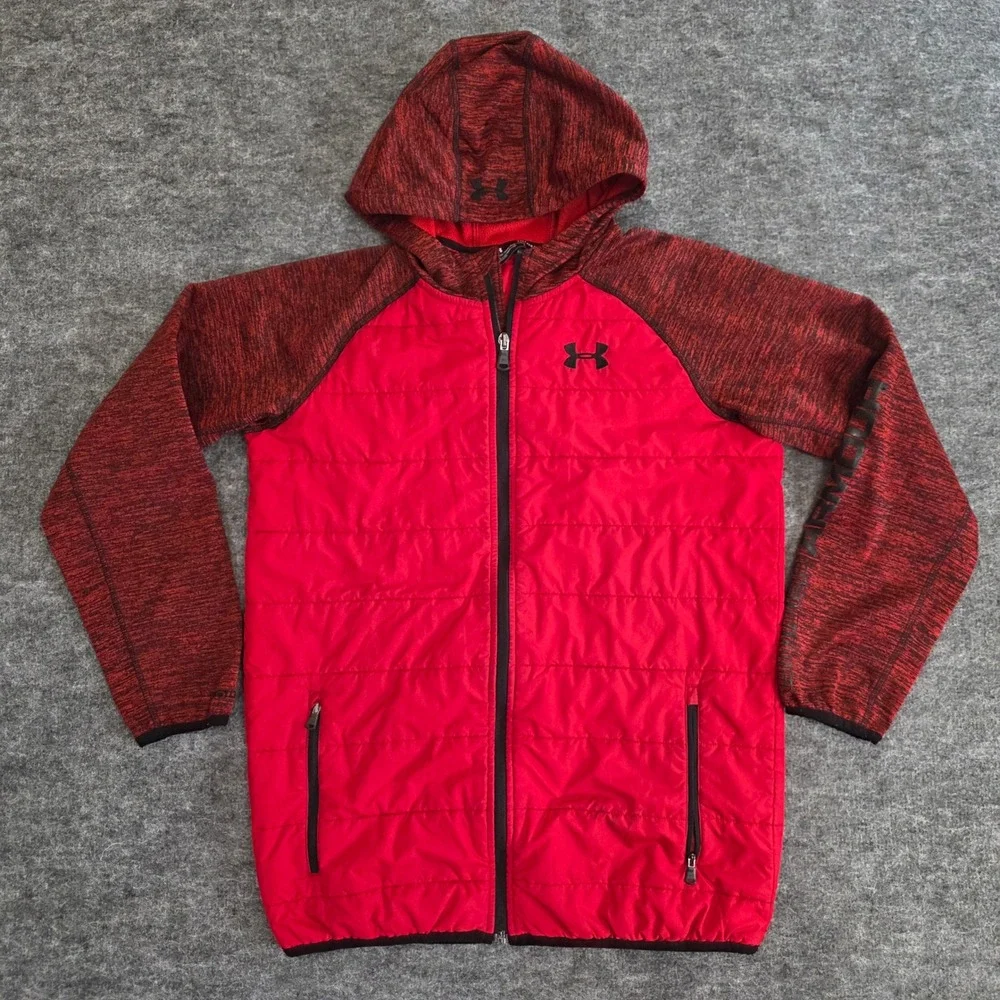 Under Armour Kids Puffer Hooded Jacket Red Black Full Zip‎ ColdGear Size YXL
